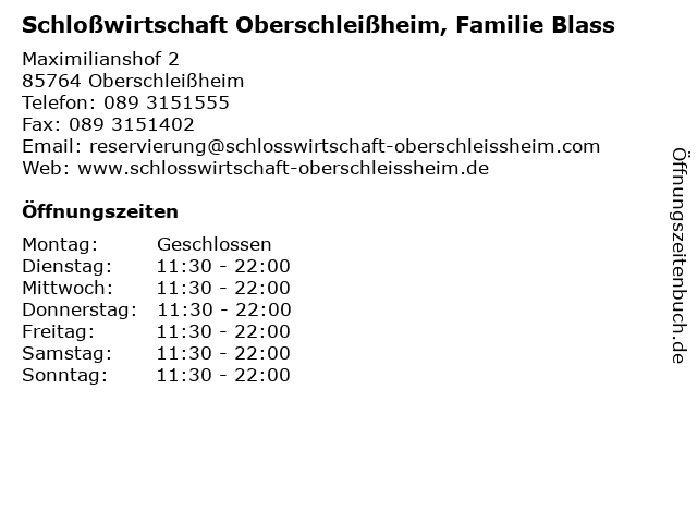 Schloßwirtschaft Oberschleißheim, Familie Blass in Oberschleißheim: Adresse und Öffnungszeiten
