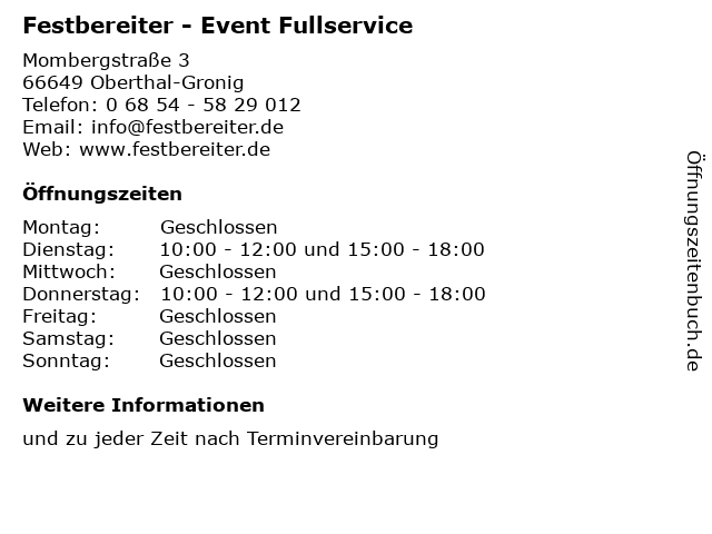 Festbereiter - Event Fullservice in Oberthal-Gronig: Adresse und Öffnungszeiten