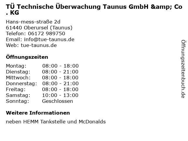 TÜ Technische Überwachung Taunus GmbH & Co. KG in Oberursel (Taunus): Adresse und Öffnungszeiten