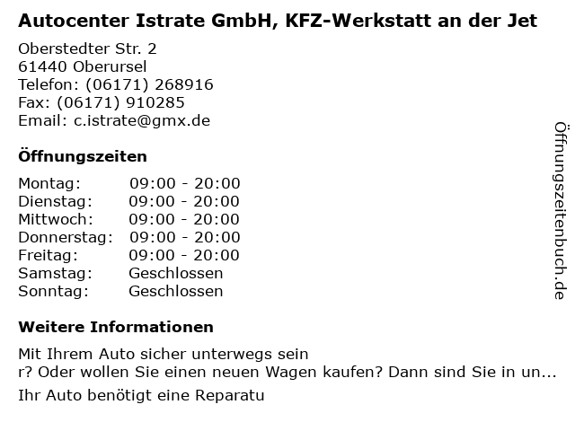 Autocenter Istrate GmbH, KFZ-Werkstatt an der Jet in Oberursel: Adresse und Öffnungszeiten