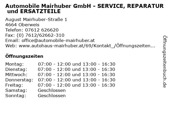 Automobile Mairhuber GmbH - SERVICE, REPARATUR und ERSATZTEILE in Oberweis: Adresse und Öffnungszeiten