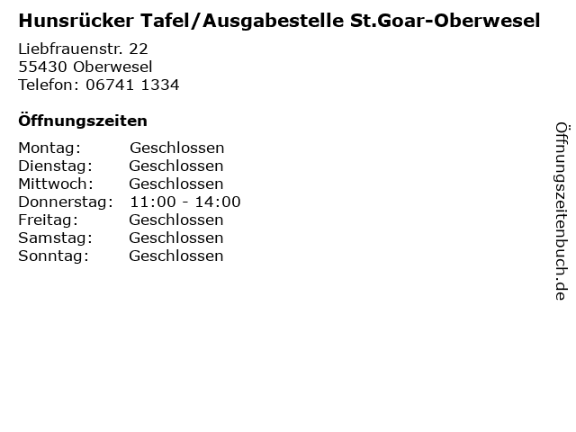 Hunsrücker Tafel/Ausgabestelle St.Goar-Oberwesel in Oberwesel: Adresse und Öffnungszeiten