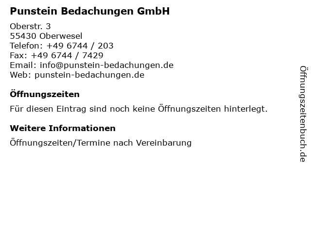 Punstein Bedachungen GmbH in Oberwesel: Adresse und Öffnungszeiten