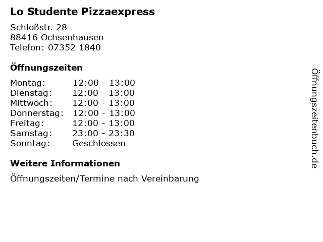 Lo Studente Pizzaexpress in Ochsenhausen: Adresse und Öffnungszeiten