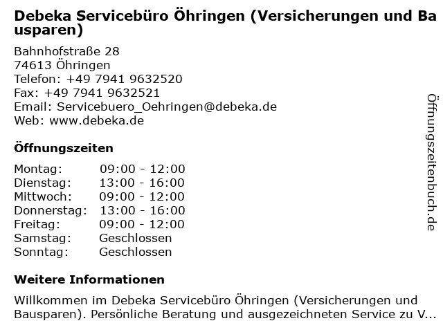 Debeka Servicebüro Öhringen (Versicherungen und Bausparen) in Öhringen: Adresse und Öffnungszeiten