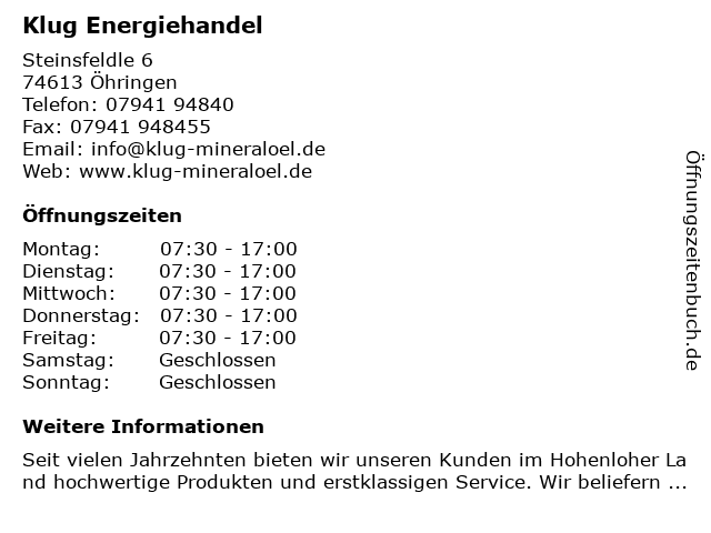 Klug Energiehandel in Öhringen: Adresse und Öffnungszeiten
