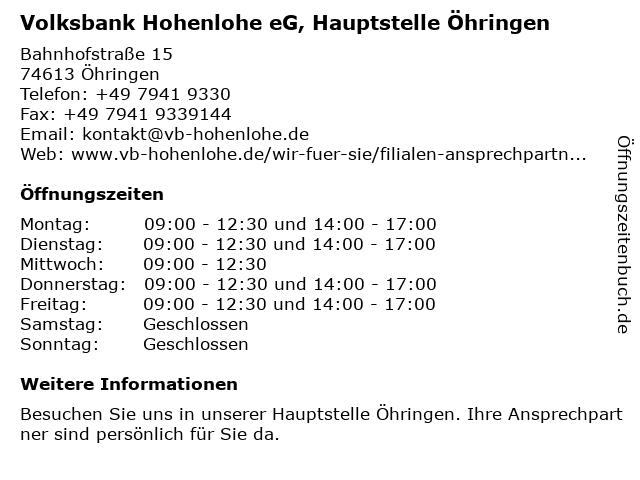Volksbank Hohenlohe eG, Hauptstelle Öhringen in Öhringen: Adresse und Öffnungszeiten