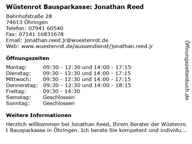Wüstenrot Bausparkasse: Jonathan Reed in Öhringen: Adresse und Öffnungszeiten