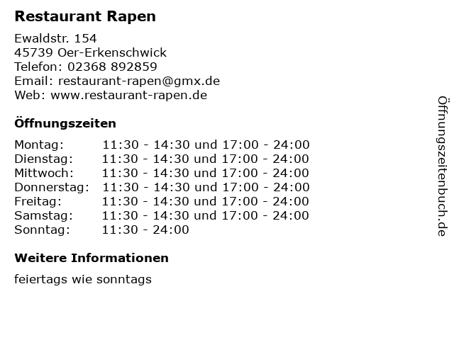 Restaurant Rapen in Oer-Erkenschwick: Adresse und Öffnungszeiten