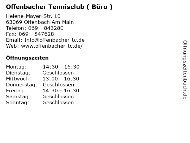 Offenbacher Tennisclub ( Büro ) in Offenbach Am Main: Adresse und Öffnungszeiten