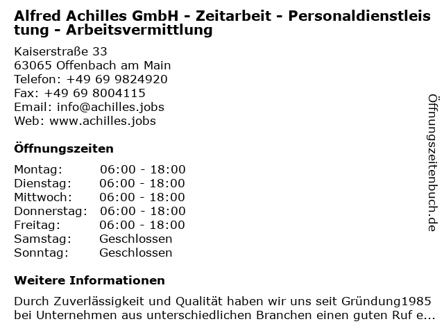 Alfred Achilles GmbH - Zeitarbeit - Personaldienstleistung - Arbeitsvermittlung in Offenbach am Main: Adresse und Öffnungszeiten