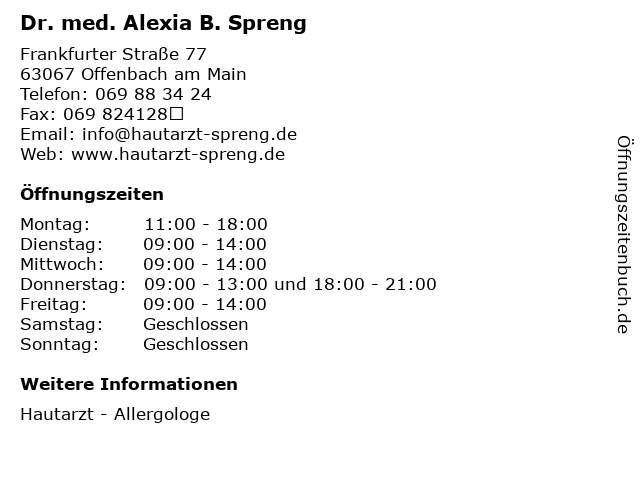 Dr. med. Alexia B. Spreng in Offenbach am Main: Adresse und Öffnungszeiten