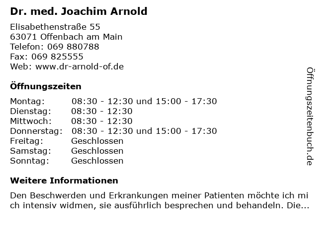 Herr Dr. med. Joachim Arnold in Offenbach am Main: Adresse und Öffnungszeiten