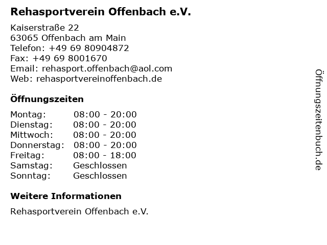 Rehasportverein Offenbach e.V. in Offenbach am Main: Adresse und Öffnungszeiten