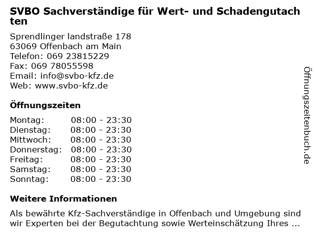 SVBO Sachverständige für Wert- und Schadengutachten in Offenbach am Main: Adresse und Öffnungszeiten