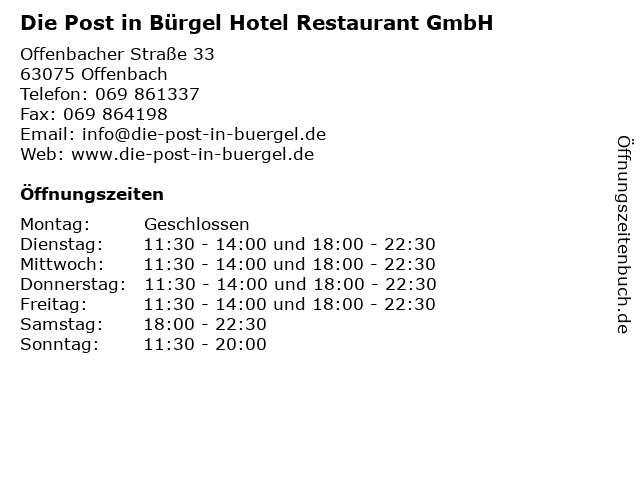 Die Post in Bürgel Hotel Restaurant GmbH in Offenbach: Adresse und Öffnungszeiten