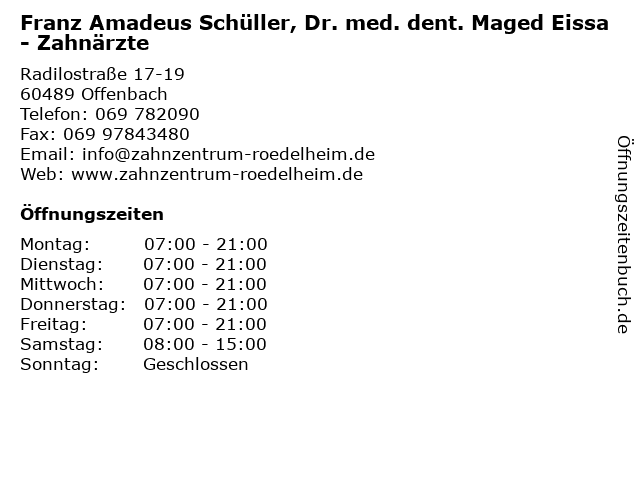 Franz Amadeus Schüller, Dr. med. dent. Maged Eissa - Zahnärzte in Offenbach: Adresse und Öffnungszeiten