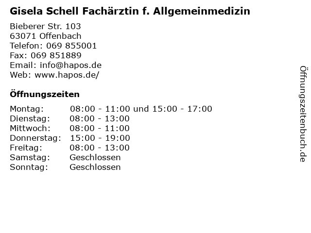Gisela Schell Fachärztin f. Allgemeinmedizin in Offenbach: Adresse und Öffnungszeiten