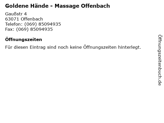 Goldene Hände - Massage Offenbach in Offenbach: Adresse und Öffnungszeiten