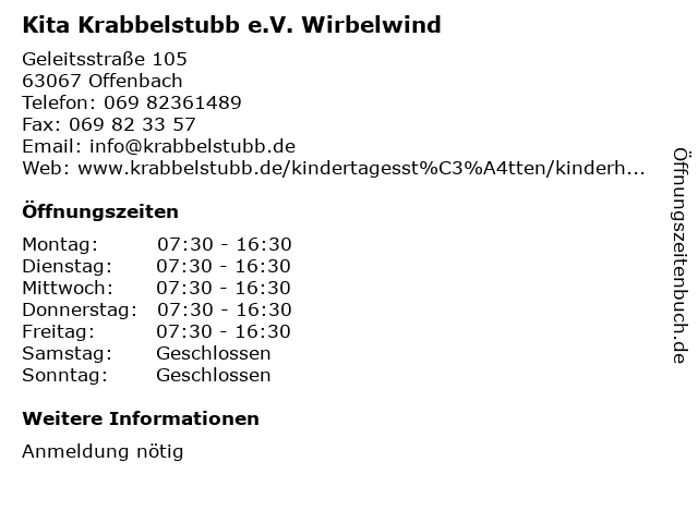 Kita Krabbelstubb e.V. Wirbelwind in Offenbach: Adresse und Öffnungszeiten