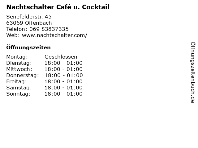 Nachtschalter Café u. Cocktail in Offenbach: Adresse und Öffnungszeiten