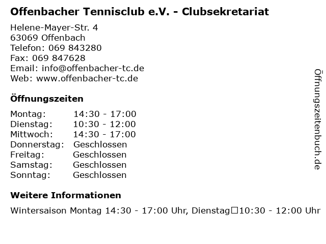 Offenbacher Tennisclub e.V. - Clubsekretariat in Offenbach: Adresse und Öffnungszeiten