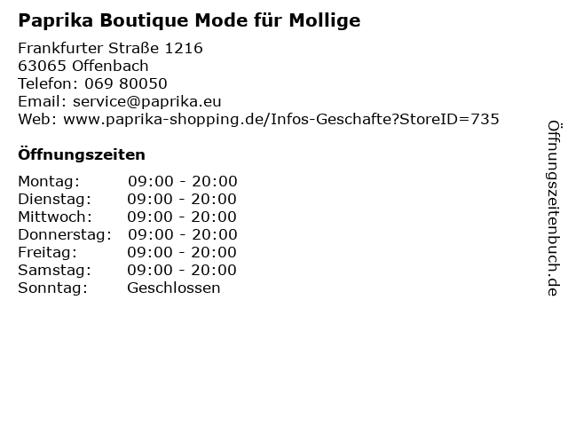 Paprika Boutique Mode für Mollige in Offenbach: Adresse und Öffnungszeiten