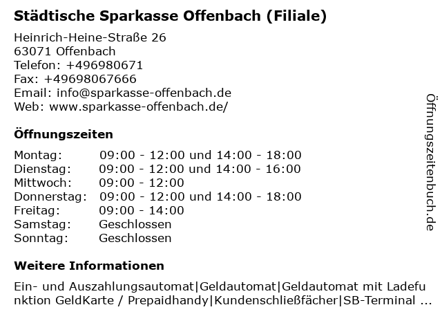 Städtische Sparkasse Offenbach (Filiale) in Offenbach: Adresse und Öffnungszeiten