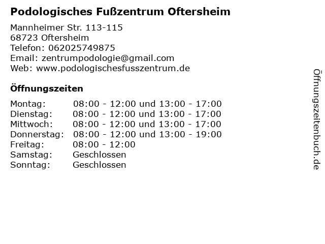 Podologisches Fußzentrum Oftersheim in Oftersheim: Adresse und Öffnungszeiten