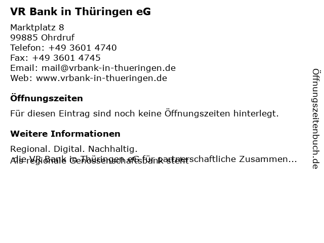 ᐅ Offnungszeiten Vr Bank Westthuringen Eg Filiale Ohrdruf
