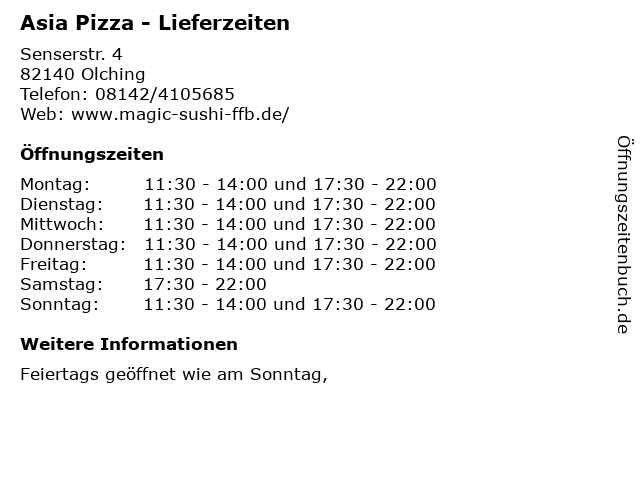 Asia Pizza - Lieferzeiten in Olching: Adresse und Öffnungszeiten