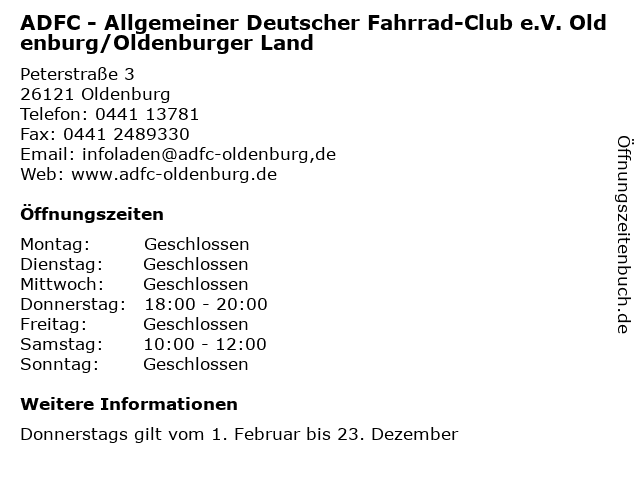 ADFC - Allgemeiner Deutscher Fahrrad-Club e.V. Oldenburg/Oldenburger Land in Oldenburg: Adresse und Öffnungszeiten