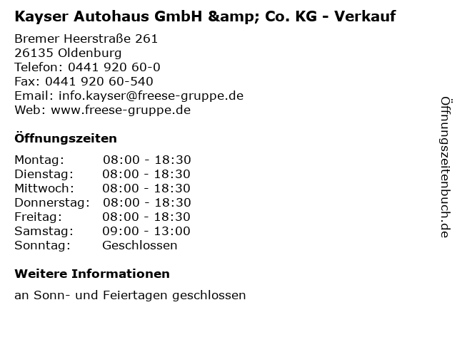 Kayser Autohaus GmbH & Co. KG - Verkauf in Oldenburg: Adresse und Öffnungszeiten