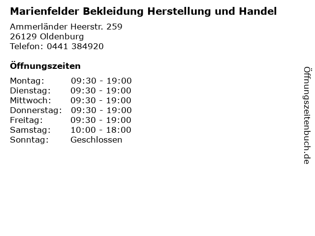 Marienfelder Bekleidung Herstellung und Handel in Oldenburg: Adresse und Öffnungszeiten