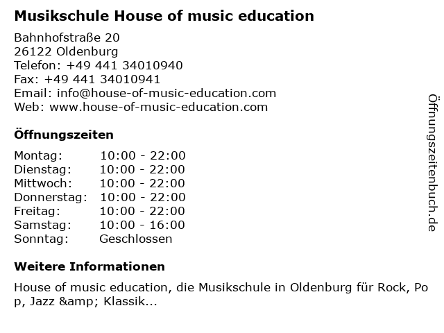 Musikschule House of music education in Oldenburg: Adresse und Öffnungszeiten