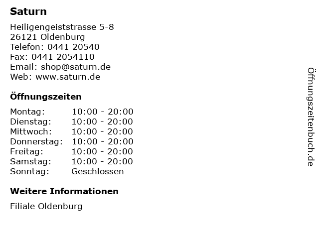 Saturn in Oldenburg: Adresse und Öffnungszeiten