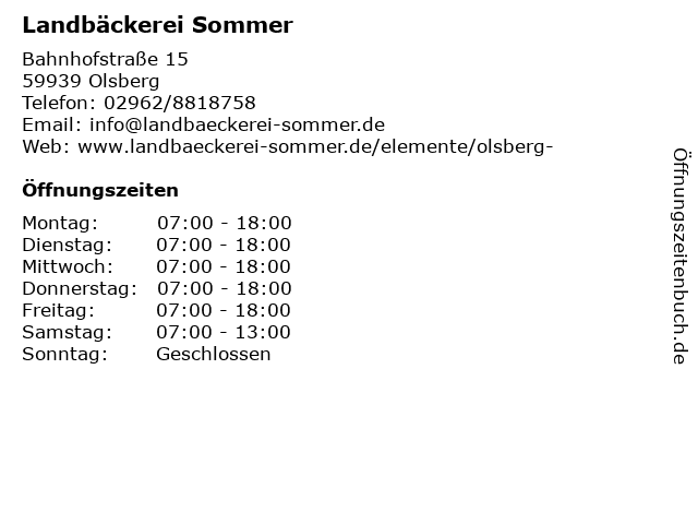 Landbäckerei Sommer in Olsberg: Adresse und Öffnungszeiten