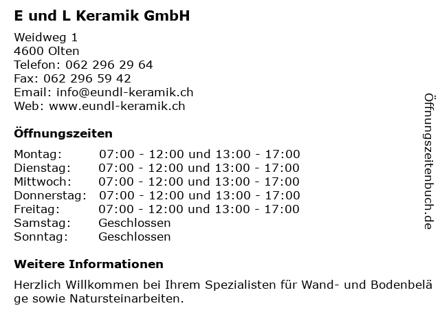 E und L Keramik GmbH in Olten: Adresse und Öffnungszeiten