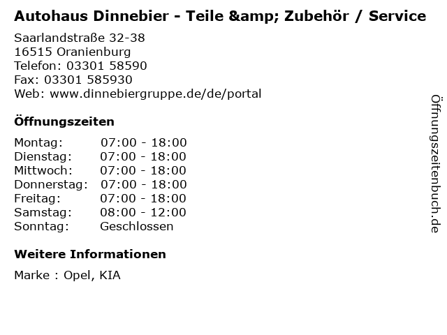 Autohaus Dinnebier - Teile & Zubehör / Service in Oranienburg: Adresse und Öffnungszeiten