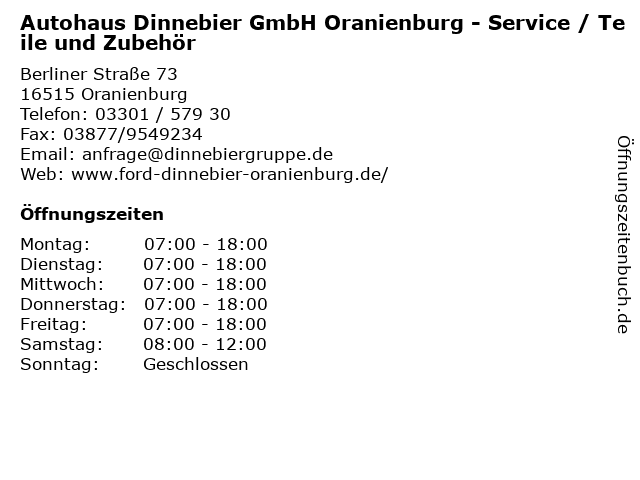 Autohaus Dinnebier GmbH Oranienburg - Service / Teile und Zubehör in Oranienburg: Adresse und Öffnungszeiten