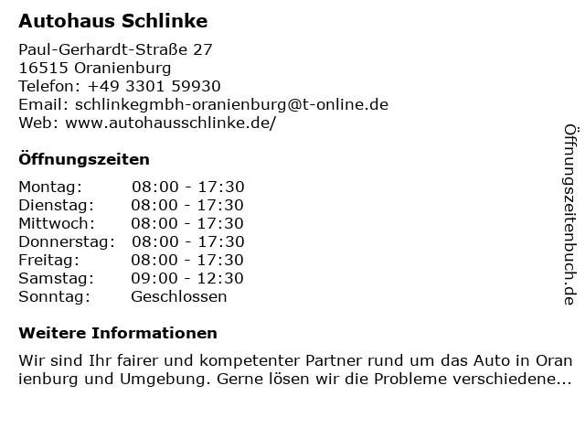 Autohaus Schlinke in Oranienburg: Adresse und Öffnungszeiten