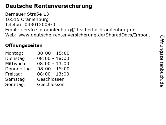 Deutsche Rentenversicherung in Oranienburg: Adresse und Öffnungszeiten