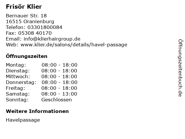 Frisör Klier in Oranienburg: Adresse und Öffnungszeiten