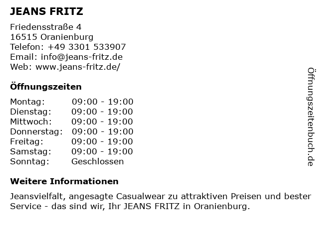 JEANS FRITZ in Oranienburg: Adresse und Öffnungszeiten