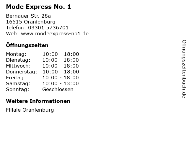 Mode Express No. 1 in Oranienburg: Adresse und Öffnungszeiten