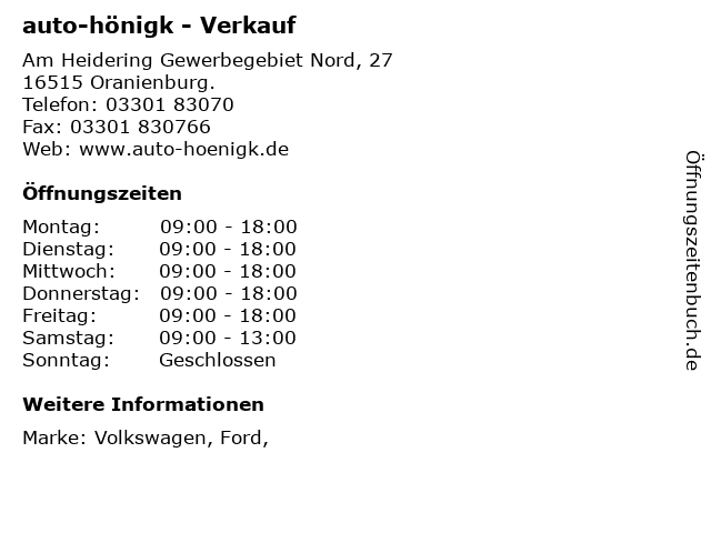 auto-hönigk - Verkauf in Oranienburg.: Adresse und Öffnungszeiten