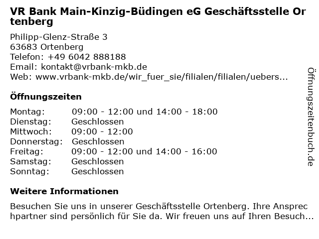 á… Offnungszeiten Vr Bank Main Kinzig Budingen Eg Geschaftsstelle Ortenberg Philipp Glenz Strasse 3 In Ortenberg