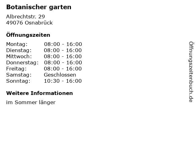 ᐅ Offnungszeiten Botanischer Garten Albrechtstr 29 In Osnabruck