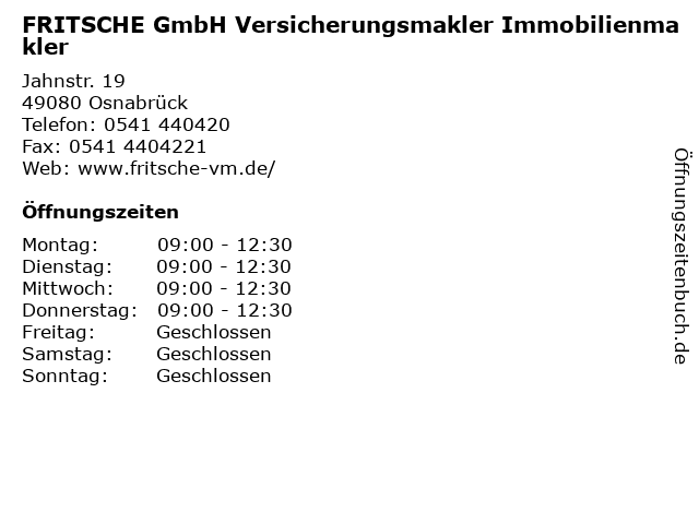 FRITSCHE GmbH Versicherungsmakler Immobilienmakler in Osnabrück: Adresse und Öffnungszeiten