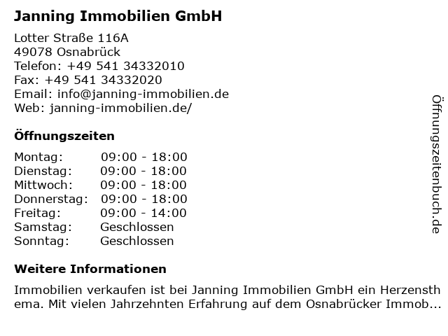 Janning Immobilien GmbH in Osnabrück: Adresse und Öffnungszeiten